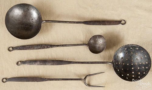 Set of four Pennsylvania wrought iron utensils, 19th c., longest - 17 1/2''.
