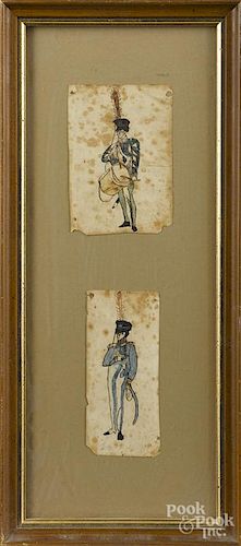 Two ink and watercolor bookplates, early 19th c., of soldiers, one is holding a drum, 4 1/2'' x 3''