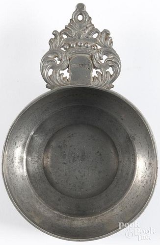 Hartford, Connecticut pewter crown handled porringer, ca. 1840