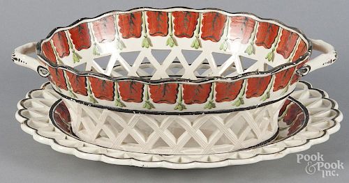 Creamware basket and undertray, 19th c., 3'' h., 9 3/4'' w.