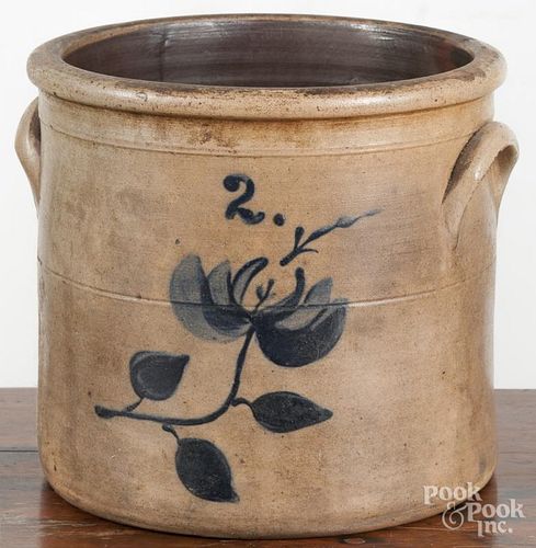 Two-gallon stoneware crock, 19th c., with cobalt floral decoration, 9'' h.