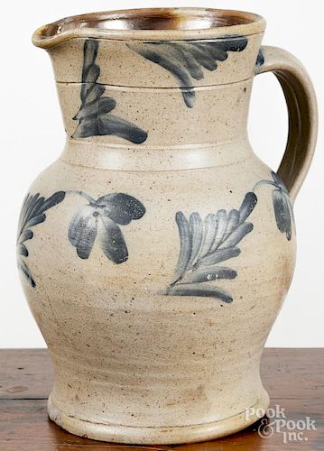 Pennsylvania stoneware pitcher, 19th c., attributed to Remmey, with cobalt floral decoration