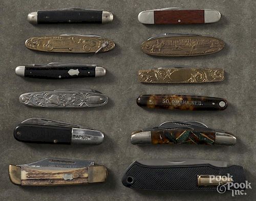 Twelve assorted pocket knives, to include several souvenir examples, Carl Schleiper, Kutmaster, etc.