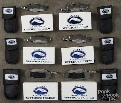 Six Myerchin pocket knives, to include two Offshore Folders and four Offshore Crews.