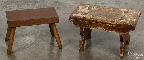 Pennsylvania painted pine mortised foot stool, 19th c., with scalloped legs, 9 1/4'' h., 16'' w.
