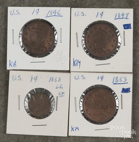 Three U.S. large cents, 1846, 1847 and 1853, together with an 1858 Flying Eagle cent.
