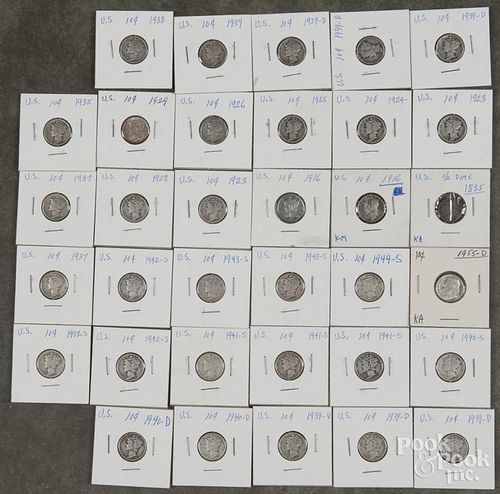 U.S. Capped Bust half dime, 1835, together with thirty-two Mercury silver dimes, 1916-1944 S