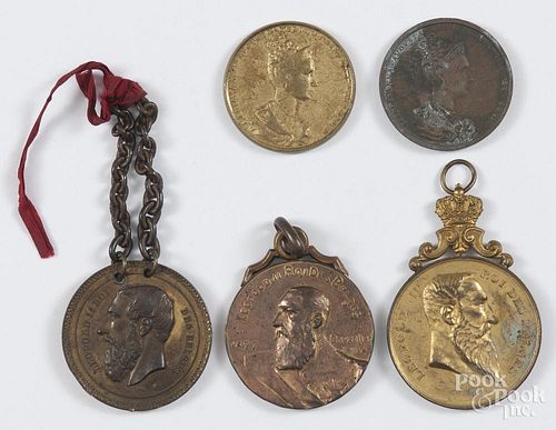 Three Belgian medals featuring Leopold II, together with two 1836 Prague Coronation style medals.
