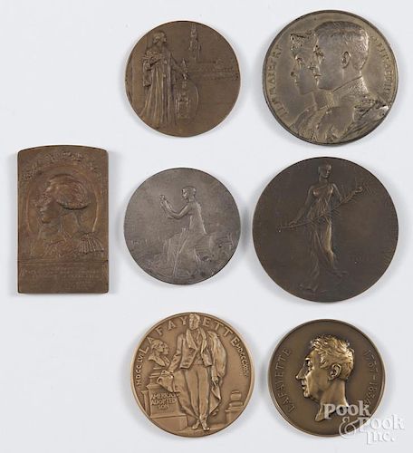 Four foreign art medals, early 20th c., makers include Mauqouy, Devreese, Roty, and Deschamps
