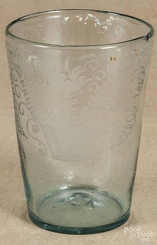 Etched glass flip, early 19th c., having an urn with a flower, 6'' h.