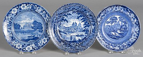 Three blue Staffordshire plates, 19th c., one depicting Barrington Hall, 9'' dia.