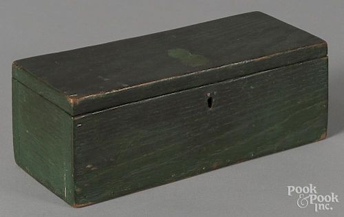 Painted oak lock box, 19th c., retaining an old green surface, 3 1/4'' h., 9 1/2'' w.