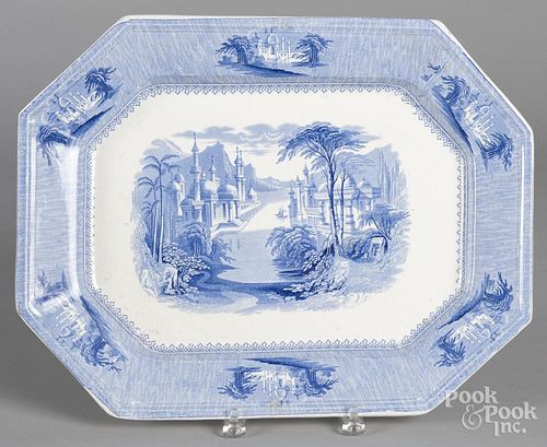 Blue Staffordshire Siam platter, 19th c., 14'' l., 18'' w.