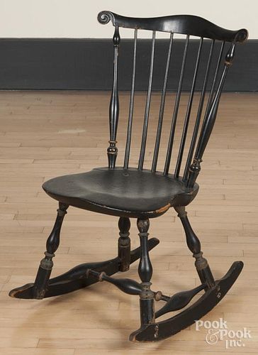 Fanback Windsor rocking chair, late 18th c., retaining an old black surface.