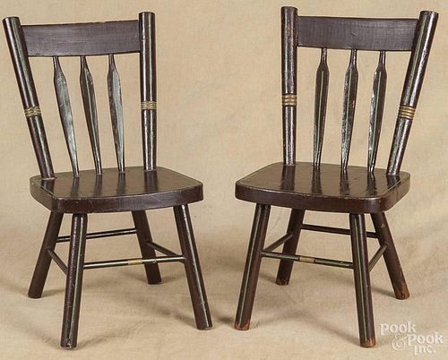 Pair of Pennsylvania painted child's plank seat arrowback chairs, 19th c.