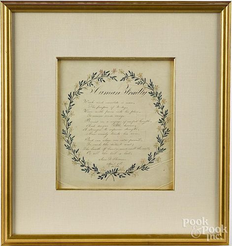 Two Pennsylvania ink and watercolor mottos, dated 1830, wrought by Ann Slocum of Germantown