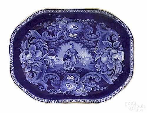 Historical blue Staffordshire Peace and Plenty platter, 19th c., impressed Clews, 13'' x 17''.