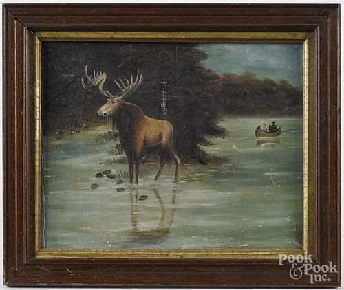Oil on canvas primitive landscape, late 19th c., with a moose, 8'' x 10''.