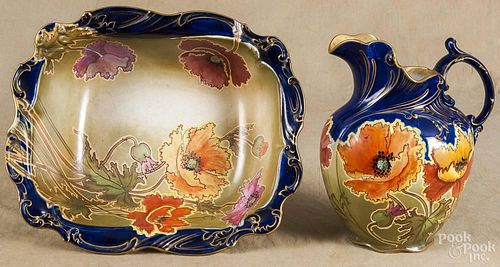 Doulton Burslem porcelain pitcher and bowl, 19th c., with floral decoration, pitcher - 12 1/4'' h.