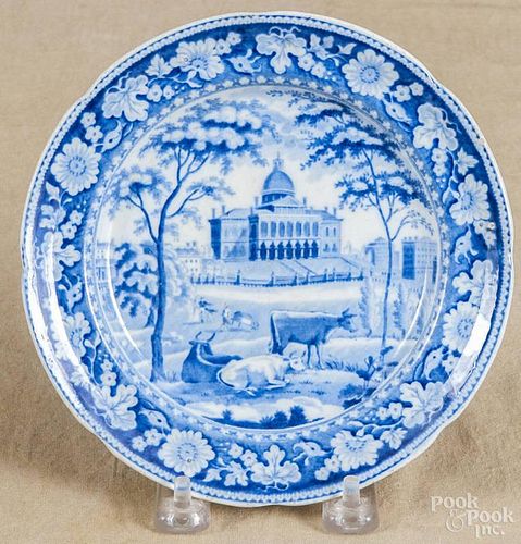 Historical blue Staffordshire Boston State House plate, 19th c., stamped Rogers, 6 1/2'' dia.