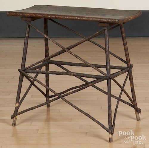 Adirondack style twig table, 29'' h., 31'' w., together with a wall hanging, 28'' x 23''.