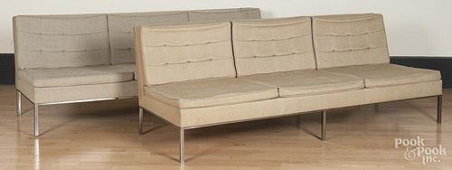 Pair of upholstered sofas with stainless steel bases, probably Knoll, 29 1/2'' h., 84'' w.