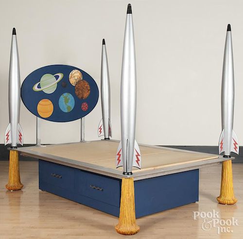Painted ''Rocket'' bed, by Steve and Kim Cherry, Lancaster, PA, 77 1/2'' h., 65'' w., 85'' d.