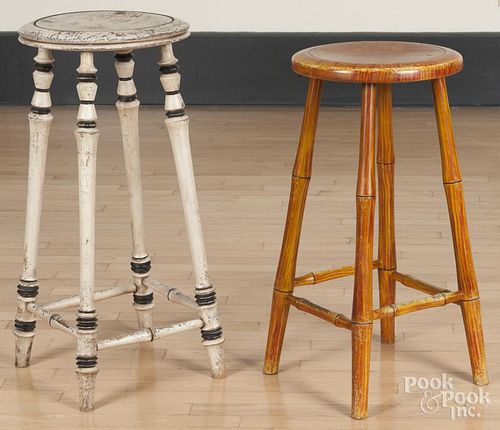 Two painted stools, by Steve and Kim Cherry, Lancaster, PA, 27 3/4'' h. and 30 1/4'' h.