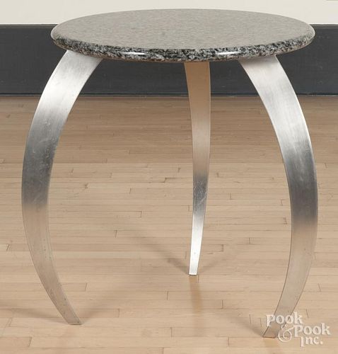 Modern top table with a stainless steel base, 27'' h., 24'' w.