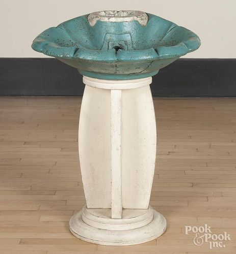 Painted concrete bird bath with a custom pedestal base, 37 1/2'' h., 28 1/2'' w.