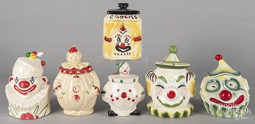 Six pottery clown cookie jars, tallest - 11''.