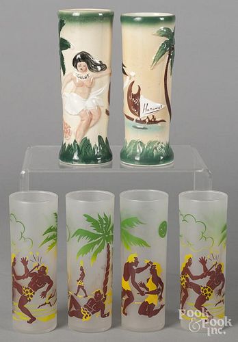 Four Hawaii themed lemonade glasses, 6 3/4'' h., together with a pair of pottery vases, 8'' h.