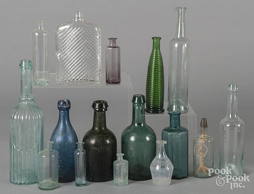 Antique glass bottles, tallest - 10 1/2''.