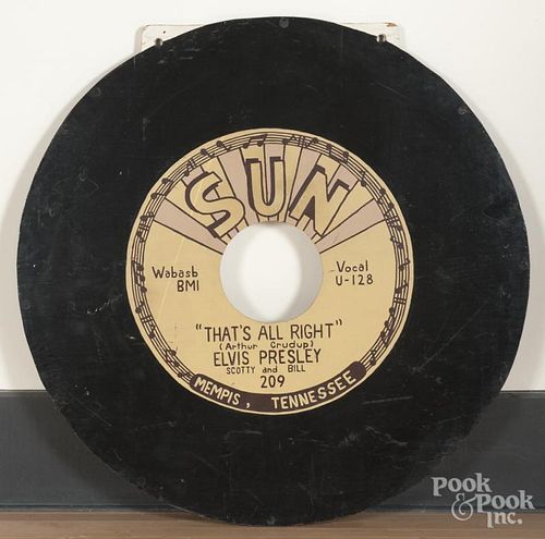 Painted sign for Sun Records, featuring Elvis Presley's That's All Right, 47 1/2'' dia.