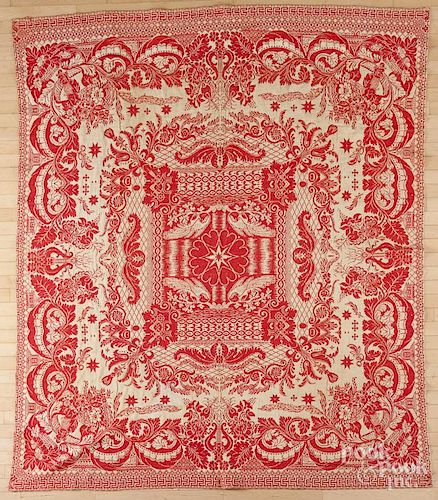 Red and white jacquard coverlet, 19th c., 91'' x 73''.