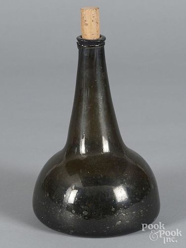 Blown olive glass squat bottle, late 18th c., 8'' h.
