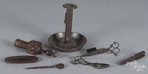 Metalware, to include a snuffer, a nutmeg grater, a candlestick, etc.