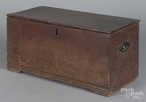 Continental oak lock box, inscribed EBW 1779, 11'' h., 23 1/2'' w.