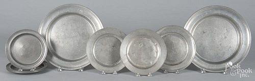 Pair of pewter chargers, 19th c., together with seven plates, 7 3/4''-13'' dia.
