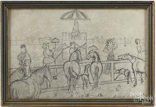 Pencil horse racing scene, signed Anne Fisher, 6'' x 9 1/4''.