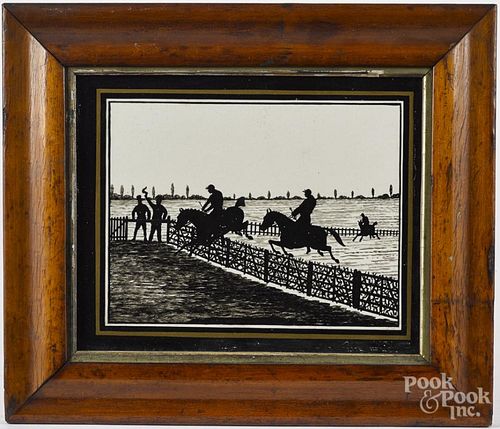 Pair of reverse painted steeplechase scenes, titled The Grand National 1840, 8'' x 10''.