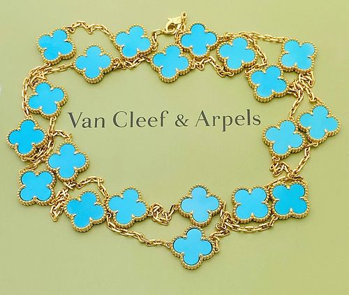 Van Cleef & Arpels 18k Yellow Gold 20 Motif Turquoise Alhambra Necklace