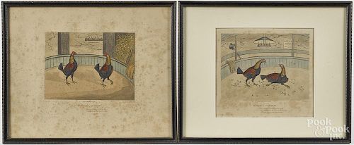 Set of six color engraved cock fighting scenes, after C. R. Stock, 6'' x 8''.