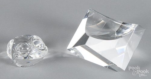 Two Steuben crystal paperweights, to include a frog and geometric, with original boxes, 1 3/8'' h.
