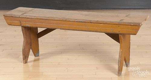 Painted pine mortised bench, 19th c., 18 1/2'' h., 49 1/2'' w.