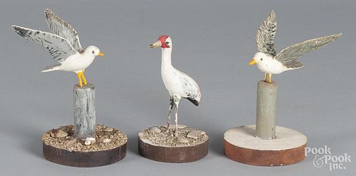 Three carved and painted birds, tallest - 6 1/4''.