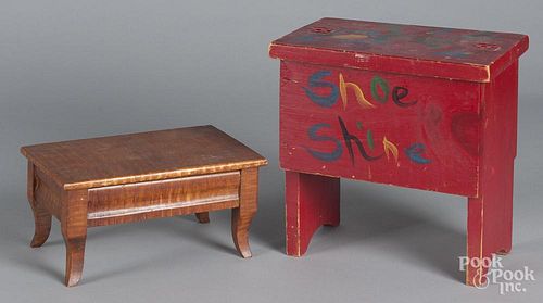 Faux painted curly maple stool, ca. 1900, 5'' h., 10 1/2'' w., together with a Shoe Shine kit/stool