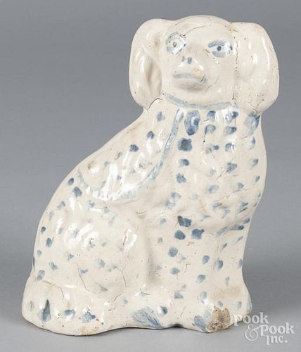Pottery spaniel, 19th c., with cobalt decoration, 9 1/4'' h.