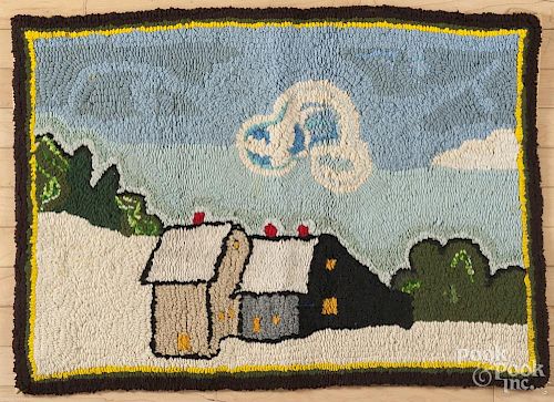American hooked rug with a winter scene, 24'' x 34''.