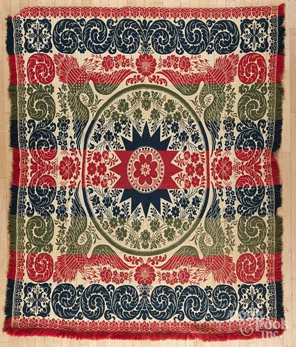 Jacquard coverlet, ca. 1840, with eagle corners, 93'' x 78''.